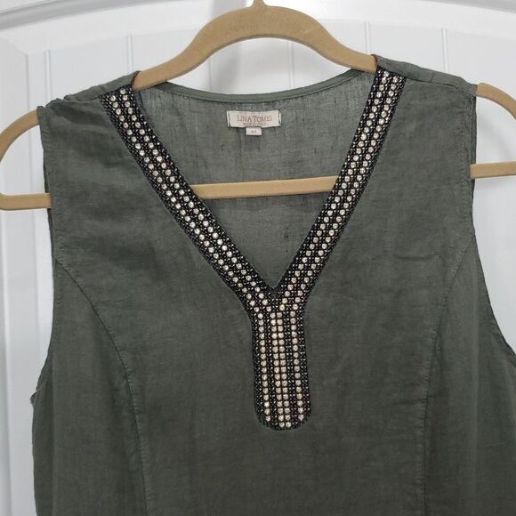 Lina Tomei 100% LINEN Shift Embellished Sleeveless  Dress Green SZ Med Italy - Picture 2 of 5